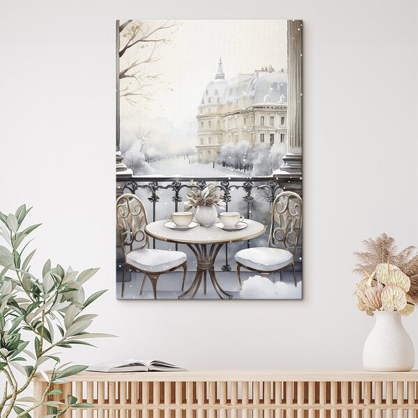 Tafel met kopjes en een vaas bloemen met een besneeuwd landschap Canvas Schilderijen Tafel met kopjes en een vaas bloemen met een besneeuwd landschap