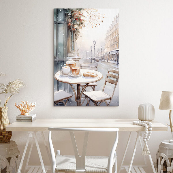 Tafel met koffiekopjes en croissants erop Canvas Schilderijen Tafel met koffiekopjes en croissants erop