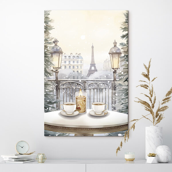 Schilderij van een theeservies op een balkon met een hoge toren op de achtergrond Canvas Schilderijen Schilderij van een theeservies op een balkon met een hoge toren op de achtergrond