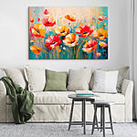 Canvas Schilderijen Schilderij van bloemen op een blauwe achtergrond