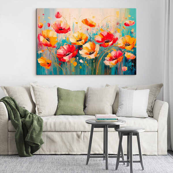 Schilderij van bloemen op een blauwe achtergrond Canvas Schilderijen Schilderij van bloemen op een blauwe achtergrond