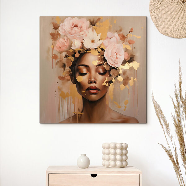 Schilderij van een vrouw met bloemen op haar hoofd Canvas Schilderijen Schilderij van een vrouw met bloemen op haar hoofd