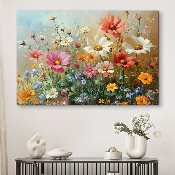 Schilderij van bloemen in een veld Canvas Schilderijen Schilderij van bloemen in een veld