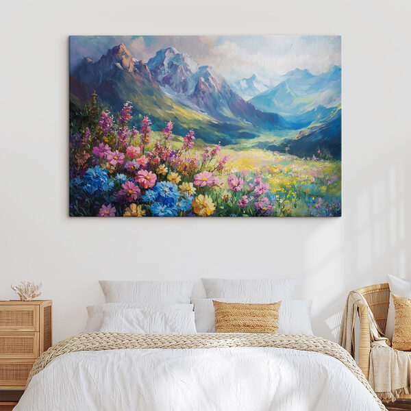 Schilderij van bloemen in een veld met bergen op de achtergrond Canvas Schilderijen Schilderij van bloemen in een veld met bergen op de achtergrond