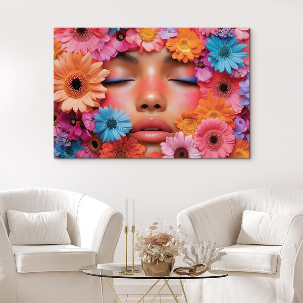 Vrouw met bloemen rond haar gezicht Canvas Schilderijen Vrouw met bloemen rond haar gezicht