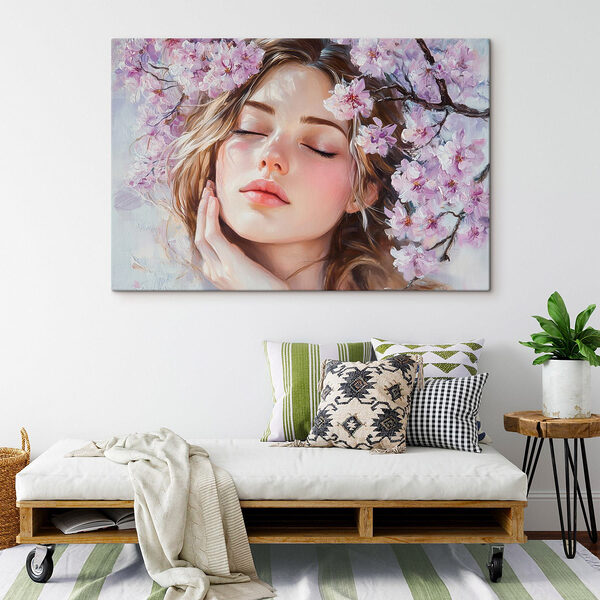 Zachte schoonheid omarmd door bloesems Canvas Schilderijen Zachte schoonheid omarmd door bloesems