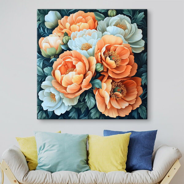 Schilderij van bloemen op een blauwe achtergrond Canvas Schilderijen Schilderij van bloemen op een blauwe achtergrond