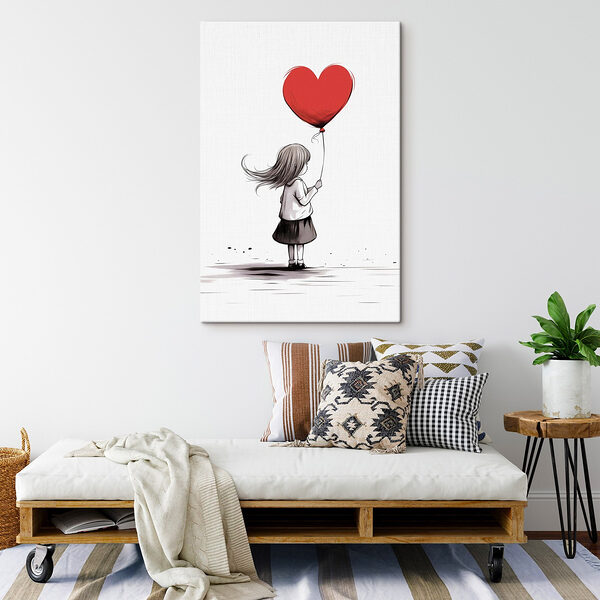 Meisje met hartvormige ballon Canvas Schilderijen Meisje met hartvormige ballon