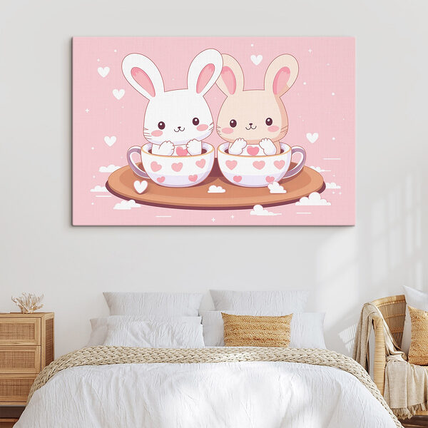 Twee cartoonkonijnen in theekopjes Canvas Schilderijen Twee cartoonkonijnen in theekopjes