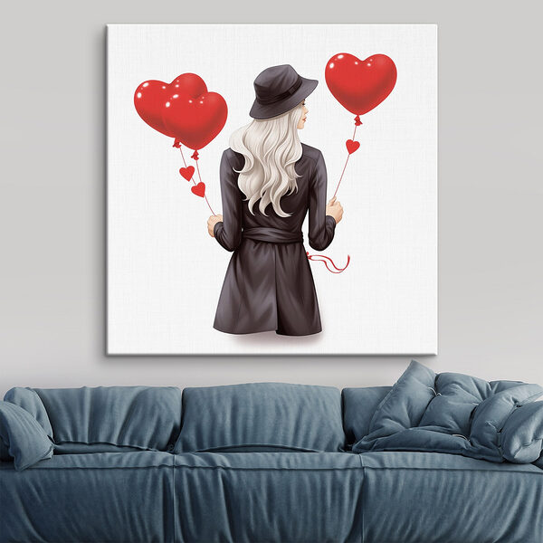 Vrouw met hartvormige ballon Canvas Schilderijen Vrouw met hartvormige ballon