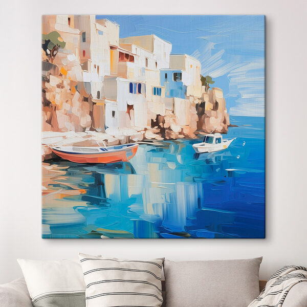 Boten op het water bij een klif Canvas Schilderijen Boten op het water bij een klif