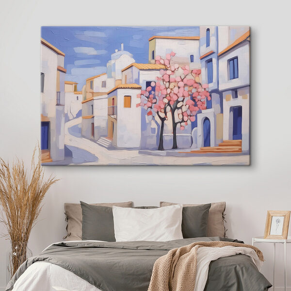 Schilderij van een boom voor een gebouw Canvas Schilderijen Schilderij van een boom voor een gebouw