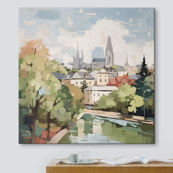 Schilderij van een stad met bomen en een rivier Canvas Schilderijen Schilderij van een stad met bomen en een rivier
