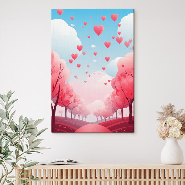 Roze bomen met vliegende harten Canvas Schilderijen Roze bomen met vliegende harten