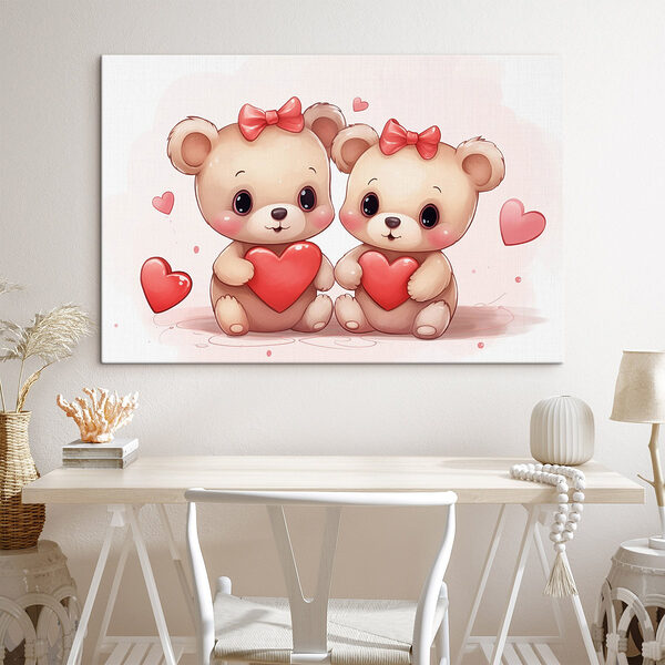 Twee cartoonberen houden een hart vast Canvas Schilderijen Twee cartoonberen houden een hart vast