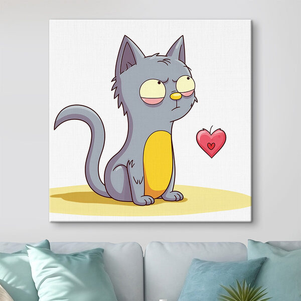 Cartoon van een kat die naar een hart kijkt Canvas Schilderijen Cartoon van een kat die naar een hart kijkt