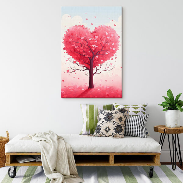 Boom met roze bladeren en hartjes Canvas Schilderijen Boom met roze bladeren en hartjes