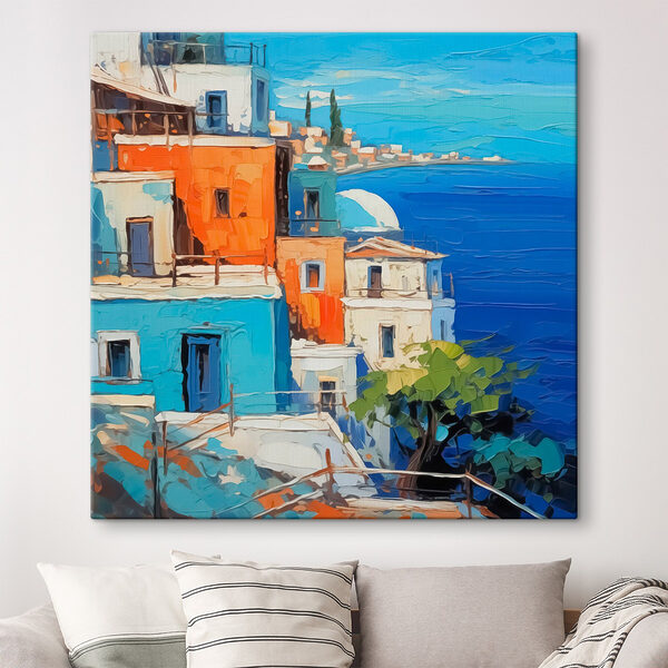 Schilderij van een stad aan het water Canvas Schilderijen Schilderij van een stad aan het water