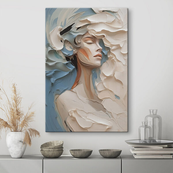 Schilderij van een vrouw met witte en blauwe verf Canvas Schilderijen Schilderij van een vrouw met witte en blauwe verf