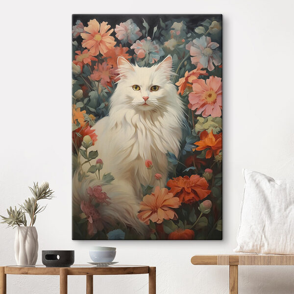 Witte kat in een bloementuin Canvas Schilderijen Witte kat in een bloementuin