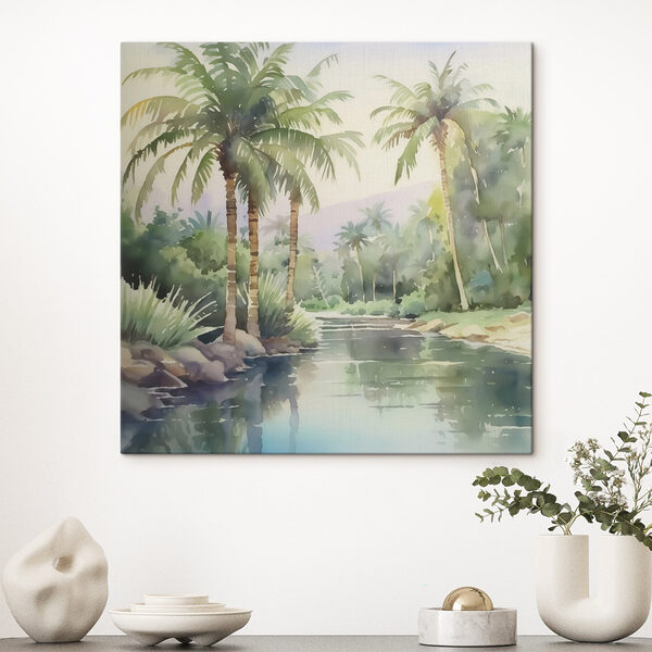 Water met palmbomen en rotsen Canvas Schilderijen Water met palmbomen en rotsen