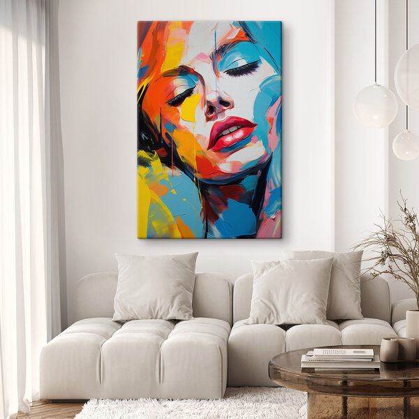 Schilderij van een vrouw met kleurrijke verf op haar gezicht Canvas Schilderijen Schilderij van een vrouw met kleurrijke verf op haar gezicht