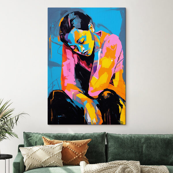 Schilderij van een vrouw met haar hoofd op haar knieën Canvas Schilderijen Schilderij van een vrouw met haar hoofd op haar knieën