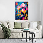 Canvas Schilderijen Schilderij van bloemen op een blauwe achtergrond