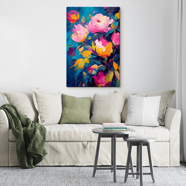 Schilderij van bloemen op een blauwe achtergrond Canvas Schilderijen Schilderij van bloemen op een blauwe achtergrond