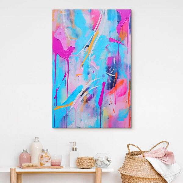 Kleurrijk schilderij met roze en blauwe verfspetters Canvas Schilderijen Kleurrijk schilderij met roze en blauwe verfspetters