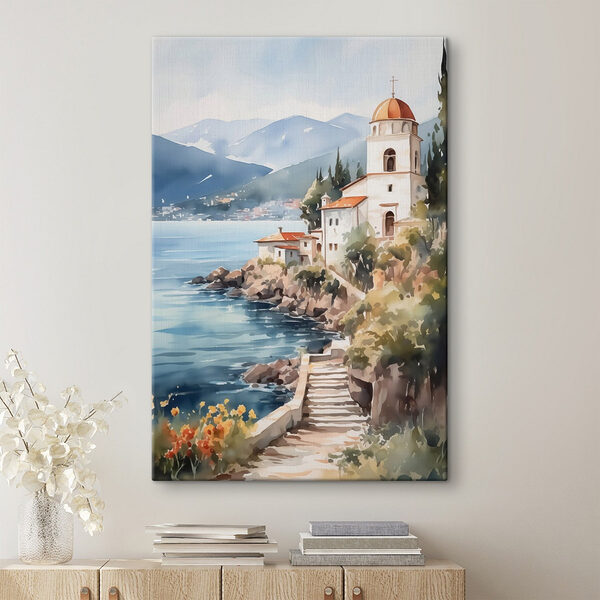 Aquarelverfschilderij van een gebouw op een klif bij een watermassa Canvas Schilderijen Aquarelverfschilderij van een gebouw op een klif bij een watermassa