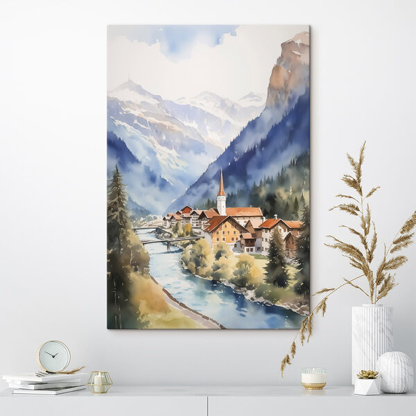Aquarel van een dorp in de bergen Canvas Schilderijen Aquarel van een dorp in de bergen