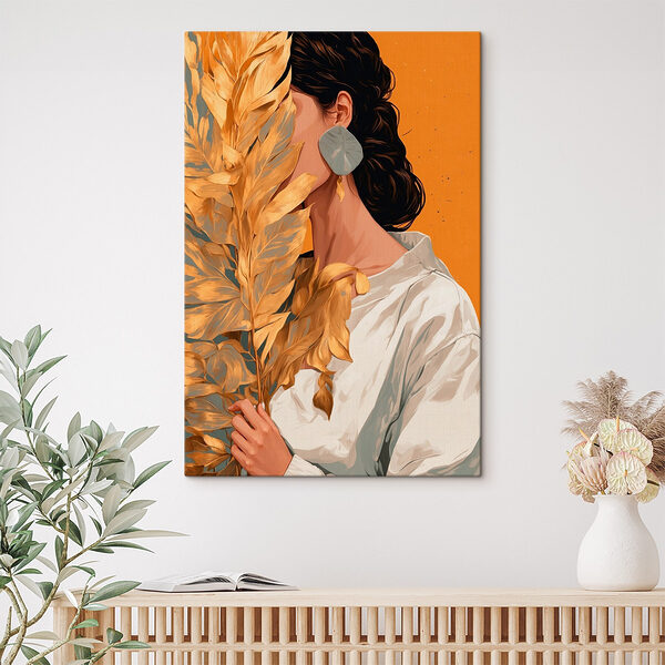 Vrouw die een blad vasthoudt Canvas Schilderijen Vrouw die een blad vasthoudt