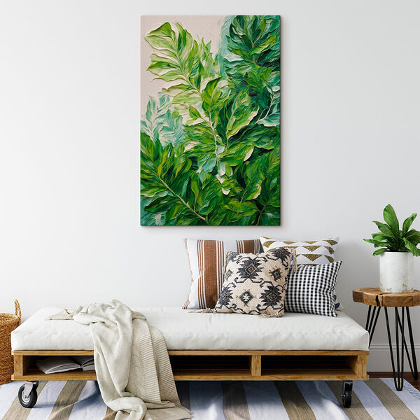 Schilderij van bladeren op een wit oppervlak Canvas Schilderijen Schilderij van bladeren op een wit oppervlak