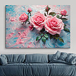 Canvas Schilderijen Groep roze rozen op een blauw en wit vlak