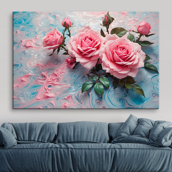 Groep roze rozen op een blauw en wit vlak Canvas Schilderijen Groep roze rozen op een blauw en wit vlak