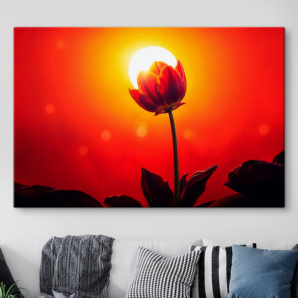 Rode bloem met de zon erachter Canvas Schilderijen Rode bloem met de zon erachter
