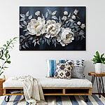 Canvas Schilderijen Witte bloemen en bladeren op een blauwe achtergrond