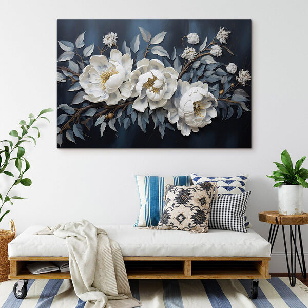 Witte bloemen en bladeren op een blauwe achtergrond Canvas Schilderijen Witte bloemen en bladeren op een blauwe achtergrond