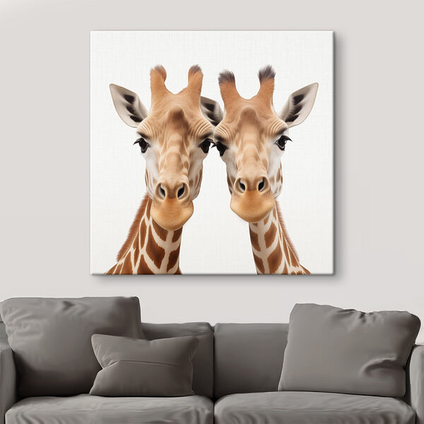 Twee nieuwsgierige giraffegezichten naast elkaar Canvas Schilderijen Twee nieuwsgierige giraffegezichten naast elkaar