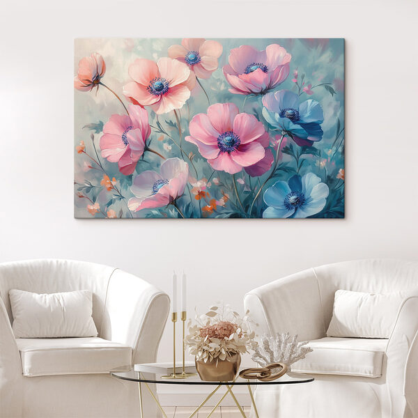 Schilderij van bloemen op een blauwe achtergrond Canvas Schilderijen Schilderij van bloemen op een blauwe achtergrond