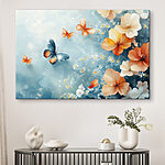 Canvas Schilderijen Vlinders en bloemen op een blauwe achtergrond