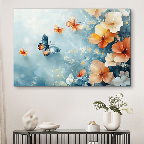Vlinders en bloemen op een blauwe achtergrond Canvas Schilderijen Vlinders en bloemen op een blauwe achtergrond