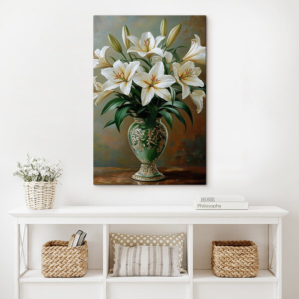 Schilderij van een vaas met witte bloemen Canvas Schilderijen Schilderij van een vaas met witte bloemen