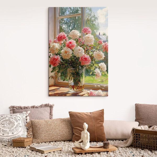 Vaas met bloemen voor een raam Canvas Schilderijen Vaas met bloemen voor een raam