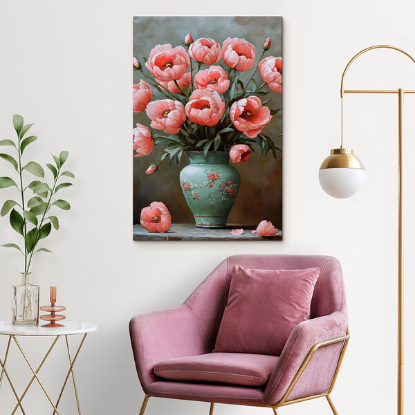 Schilderij van roze bloemen in een vaas Canvas Schilderijen Schilderij van roze bloemen in een vaas
