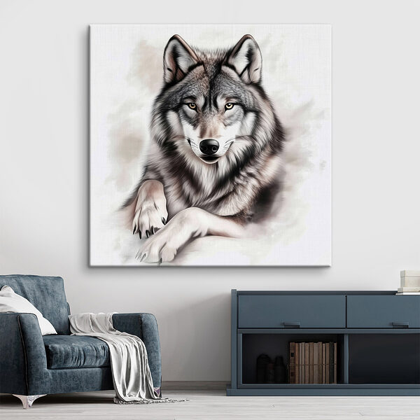 Wolf ligt naar de camera te kijken Canvas Schilderijen Wolf ligt naar de camera te kijken