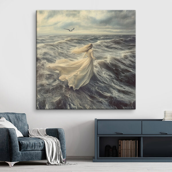 Vrouw in een witte jurk loopt op golven Canvas Schilderijen Vrouw in een witte jurk loopt op golven