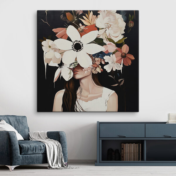 Schilderij van een vrouw met bloemen op haar gezicht Canvas Schilderijen Schilderij van een vrouw met bloemen op haar gezicht