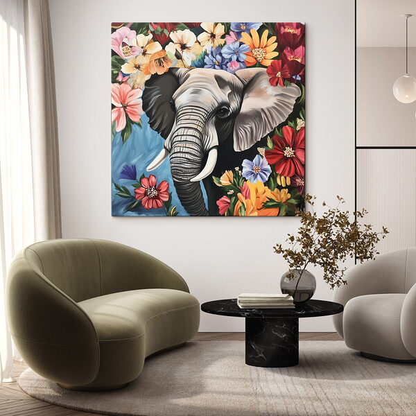 Een olifant met slagtanden in een bloementuin Canvas Schilderijen Een olifant met slagtanden in een bloementuin